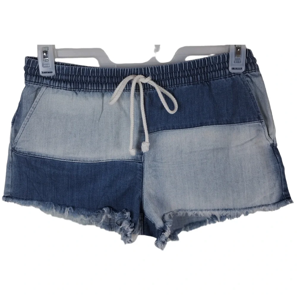 Aerie Women Medium Denim Color block Drawstring Waist Raw Hem Y2k  Denim Shorts